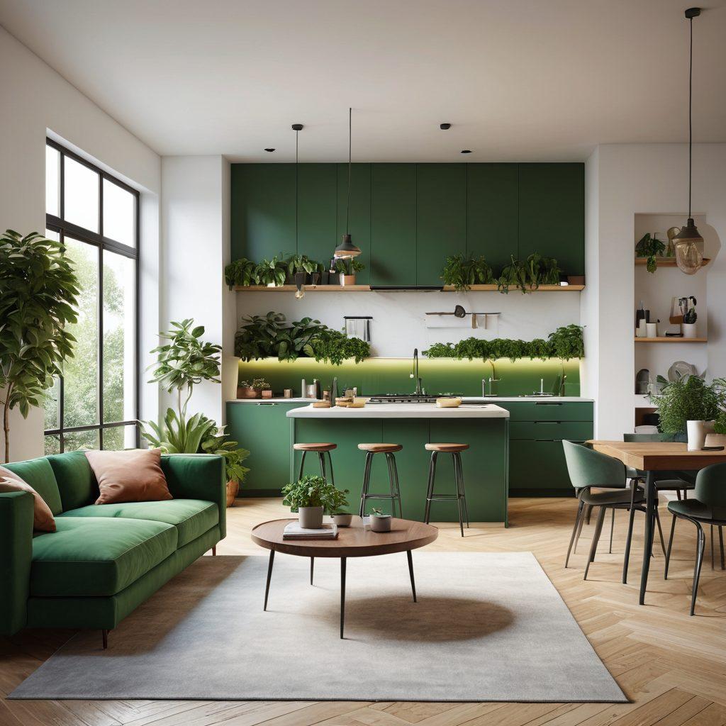 A well-organized modern apartment with smart storage solutions, featuring a cozy living room decorated with lush plants and functional furniture. Include a sleek kitchen with innovative gadgets, a stylish workspace with minimal clutter, and a warm, inviting ambiance. Bright, uplifting colors to convey a sense of effortless living. super-realistic. vibrant colors.