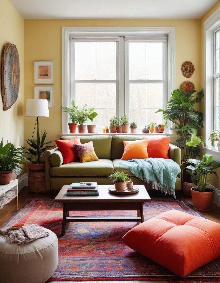 A cozy, stylish compact living room featuring creative storage solutions, vibrant plants, and colorful decor elements. Show a multifunctional furniture design that maximizes space, with a bright window bringing in natural light. Include artistic wall decorations and warm textures to evoke an inviting atmosphere. super-realistic. vibrant colors. natural light.